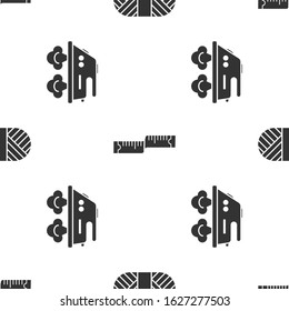 Set Sewing thread on spool, Tape measure and Electric iron on seamless pattern. Vector