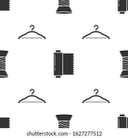 Set Sewing thread on spool, Textile fabric roll and Hanger wardrobe on seamless pattern. Vector