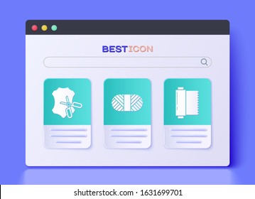 Set Sewing thread on spool, Scissors and leather and Textile fabric roll icon. Vector
