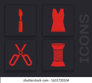 Set Sewing thread on spool, Cutter tool, Woman dress and Scissors icon. Vector