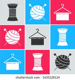 Set Sewing thread on spool, Yarn ball with knitting needles and Hanger wardrobe icon. Vector