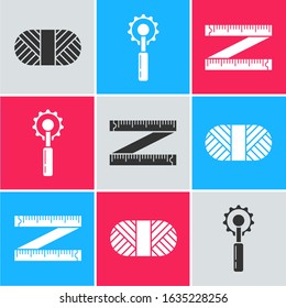Set Sewing thread on spool, Cutter tool and Tape measure icon. Vector
