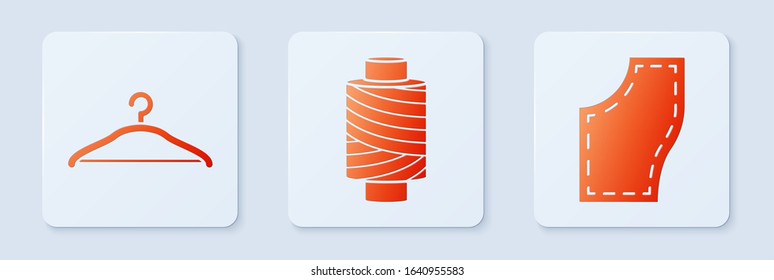 Set Sewing thread on spool, Hanger wardrobe and Sewing Pattern. White square button. Vector