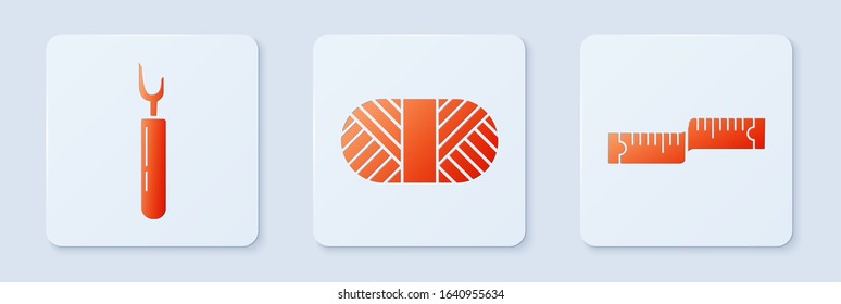 Set Sewing thread on spool, Cutter tool and Tape measure. White square button. Vector
