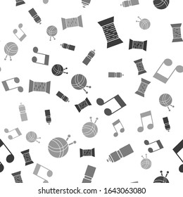 Set Sewing thread on spool, Fitness shaker, Music note, tone and Yarn ball with knitting needles on seamless pattern. Vector