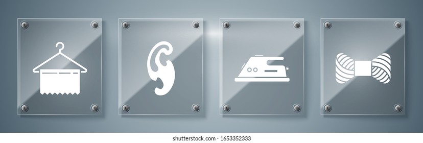 Set Sewing thread on spool, Electric iron, French curves and Hanger wardrobe. Square glass panels. Vector