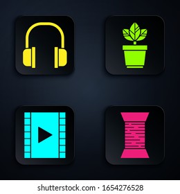 Set Sewing thread on spool, Headphones, Play Video and Flowers in pot. Black square button. Vector