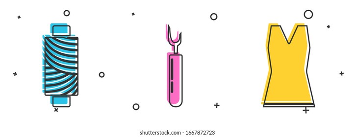 Set Sewing thread on spool, Cutter tool and Woman dress icon. Vector