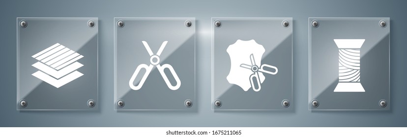 Set Sewing thread on spool, Scissors and leather, Scissors and Textile fabric roll. Square glass panels. Vector