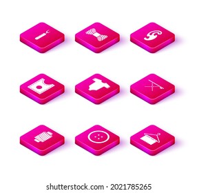 Set Sewing thread on spool, button for clothes, Pattern, Baby, Hanger wardrobe, Ironing board, French curves and  icon. Vector