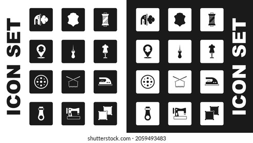 Set Sewing thread on spool, Awl tool, Leather, Electric iron, Mannequin,  and button icon. Vector