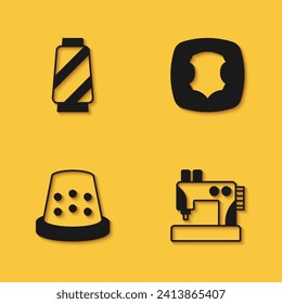 Set Sewing thread on spool, machine, Thimble for sewing and Leather icon with long shadow. Vector