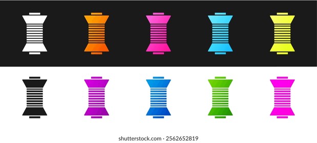 Set Sewing thread on spool icon isolated on black and white background. Yarn spool. Thread bobbin.  Vector Illustration