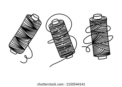 Set of sewing threads, hand-drawn doodle in sketch style. Cross winding thread. Needle, pins. Needle and pins. Sewing. Thread. Vector simple illustration.