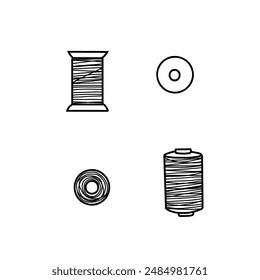 Set of sewing threads spools top and side view. Hand drawn Vector illustration of Skeins for Sewing. Spools for seamstress in doodle style, isolated on white background.