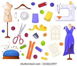 Set of sewing tools. Collection of sewing accessories for creating handmade clothes, dress. Sewing machine, mannequin, spool, thread, hanger, button, needle holder, measuring tape. Vector illustration