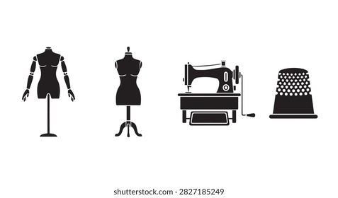 Set of sewing tools and dress forms used in fashion design, tailoring, and garment creation processes, including mannequins, sewing machine, and fabric cutter.
