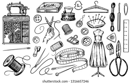 Set of sewing tools and elements or materials for needlework. Handmade equipment. Tailor shop for badges labels. Thread and needle, mannequin. Engraved hand drawn realistic in old vintage sketch.