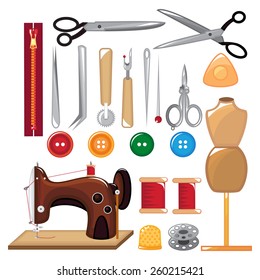 Set of sewing tools and equipment.