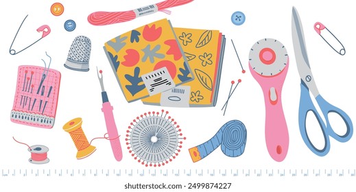 Set of sewing tools. Fat quarter, scissors, thimble, pins, rotary cutter, tape measure. Sewing and quilting accessories isolated on white. Hand drawn flat color illustration