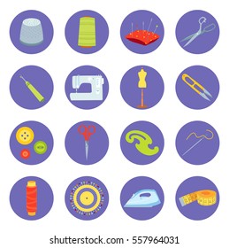 Set of sewing tools, flat vector round icons