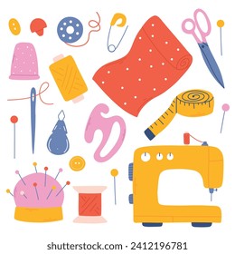 Set of sewing tools. Hand drawn collection of sewing elements. Sewing machine, needle, scissors, thread. Vector illustration isolated on white background.