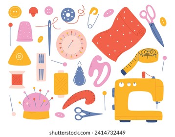 Set of sewing tools. Hand drawn collection of sewing elements. Sewing machine, needle, scissors, thread. Vector illustration isolated on white background.