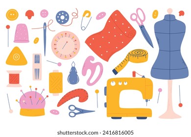 Set of sewing tools. Hand drawn collection of sewing elements. Sewing machine, needle, scissors, thread. Vector illustration isolated on white background.