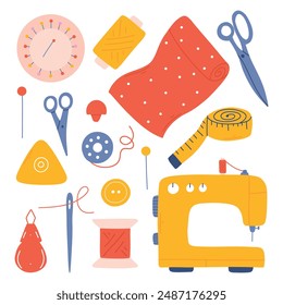 Juego de herramientas de costura. Colección dibujada a mano de Elementos de costura. Máquina de coser, aguja, tijeras, hilo. Ilustración vectorial aislada sobre fondo blanco.