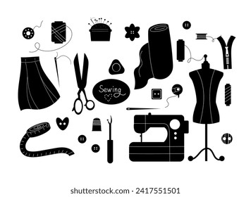 Conjunto de silueta de iconos de herramientas de costura. Colección dibujada a mano de elementos de coser, máquina de coser, tijeras, cinta dosificadora, hilos, botones. Dibujo plano de caricatura.