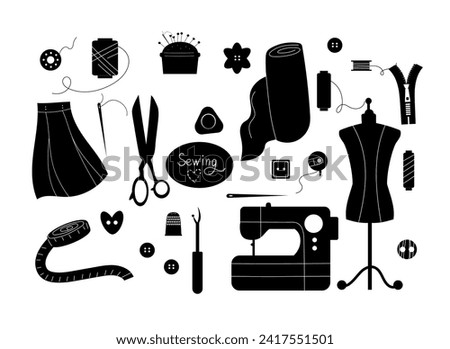 Set of sewing tools icon silhouette. Hand drawn collection of sewing elements,  sewing machine, scissors, measuring tape, threads, buttons. Cartoon flat illustration.