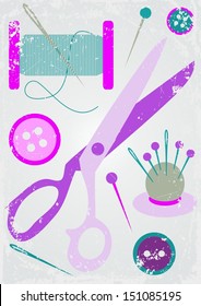Set of sewing tools icons on retro background