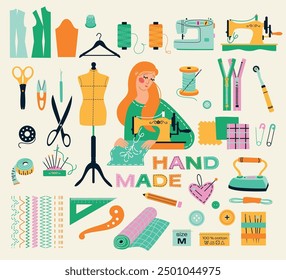 Set of sewing tools icons tailor girl hand made workshop