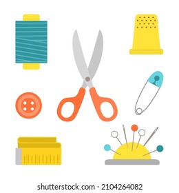 Set of sewing tools isolated on white background. Cartoon flat style. Vector illustration