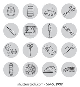 Set of sewing tools, line vector round icons
