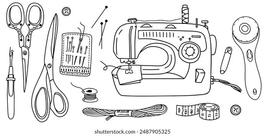 Set of sewing tools, sewing machine, scissors, pins, thread and rotary cutter, buttons, tape measure. Sewing, quilting hobby. Hand drawn doodles