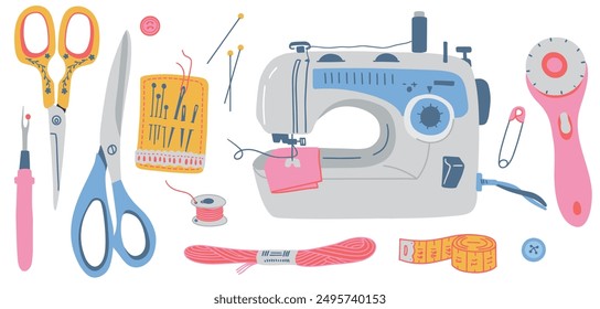 Set of sewing tools, sewing machine, scissors, pins, thread and rotary cutter, buttons, tape measure. Sewing accessories. Hand drawn flat illustration