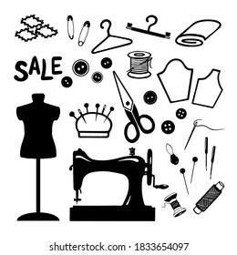 Set of sewing tools and materials. Different sewing needlework elements isolated on wite background