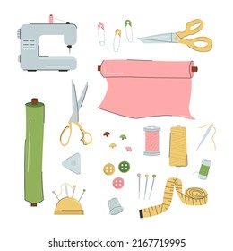 Set of sewing tools. Needlework, handicrafts, hobbies. Fashion designer, dressmaker. Vector illustration on a white background