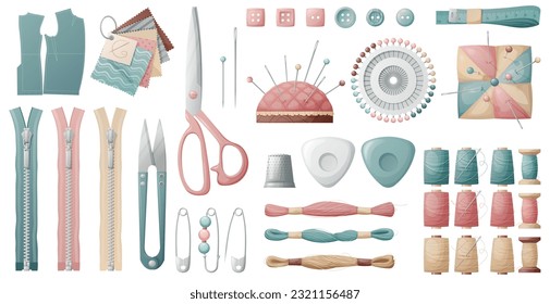 Set of sewing tools on a white background. Pin, needle holder, thread, scissors, etc. Tools for hobbies, needlework, sewing, embroidery. Light industry, clothing production.