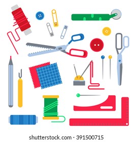 Set of sewing tools for seamstress . Vector illustration of tools for sewing. Sewing tool: scissors and thread, pins and needles, buttons and pattern. Flat design isolated sewing tools