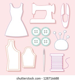 Set of sewing tools symbol on pink background , vector illustration