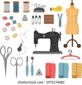 A set of sewing tools. Threads, needles, buttons and sewing machine, mannequin and fabric cuts. Vector illustration, isolated items on a white background. For logo design, use in various products