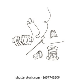 Set sewing tools, vector outline drawing by hand. Templates coils, thimble, needles for sewing workshop, Atelier, Studio, seamstress, tailor.