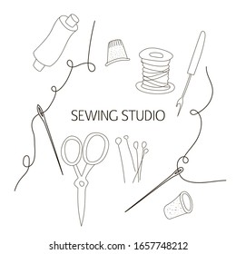 Set sewing tools, vector outline drawing by hand. Templates coils, thimble, needles for sewing workshop, Atelier, Studio, seamstress, tailor.