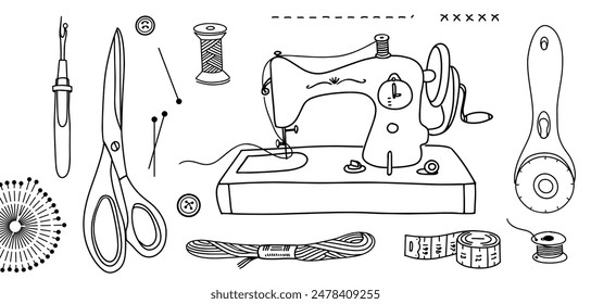 Set of sewing tools, vintage sewing machine, scissors, pins, thread and rotary cutter, buttons, tape measure. Sewing, quilting. Hand drawn doodles