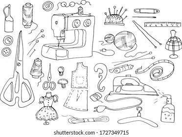 Set sewing vector hand-drawn sketch doodle on a white background separately tools scissors sewing machine mannequin fabric thread knitting needles yarn buttons vintage retro