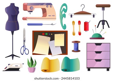 Set of sewing workshop in flat cartoon design. Sewing tools and equipment: rolls of fabric, dummy, sewing machine, needles and thread. Vector illustration.