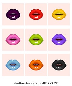 Set sexy colored lips, shining lipstick: pink and orange, green and turquoise, black and purple, yellow and red, violet lip kiss trace