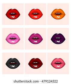 Set sexy colored passion lips, shining lipstick: pink and orange, black and purple, red and violet